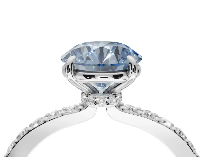 Round Hidden Halo Engagement Ring Setting for a Fancy Blue Lab-Grown Diamond | Pavé Band | Sterling Silver