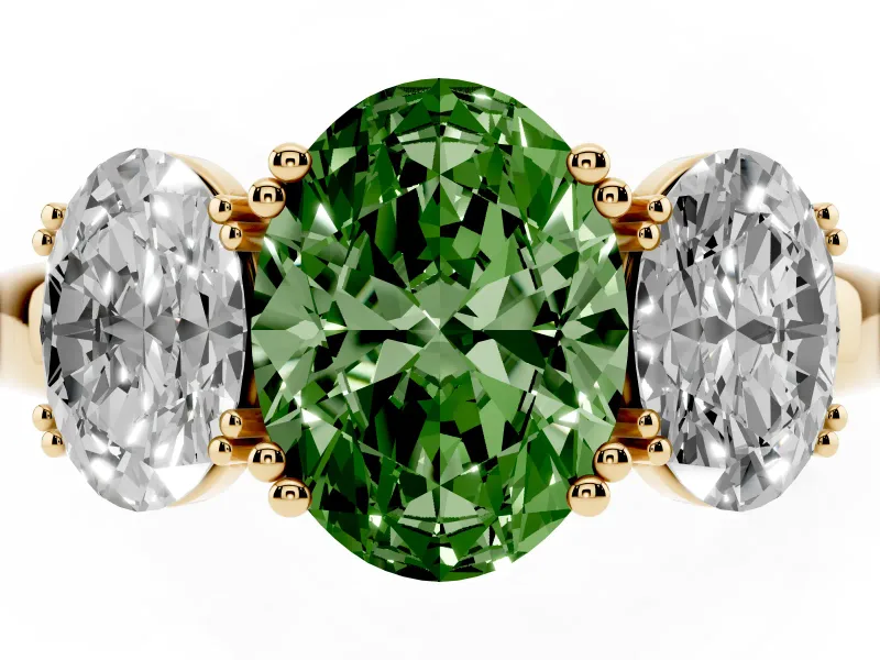 Oval Three Stone Engagement Ring Setting for a Fancy Green Lab-Grown Diamond | Double Claw Head | Yellow Gold