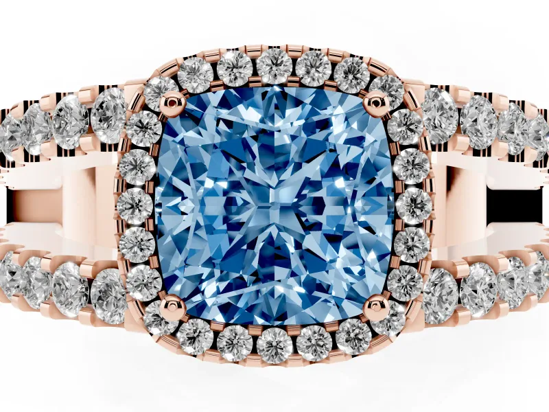 Cushion Cut Halo Split Shank Engagement Ring Setting for a Fancy Blue Lab-Grown Diamond | Rose Gold