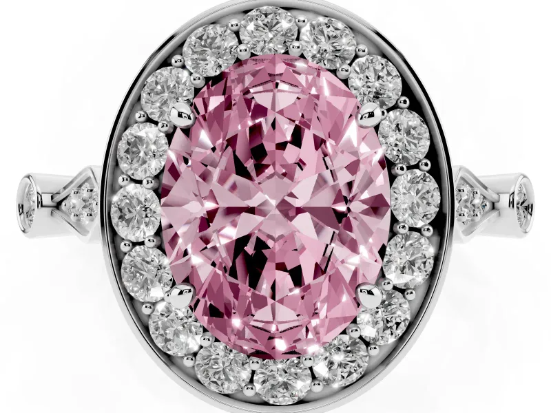 Oval Vintage Halo Engagement Ring Setting for a Fancy Pink Lab-Grown Diamond | Bezel Station Shoulders | Sterling Silver