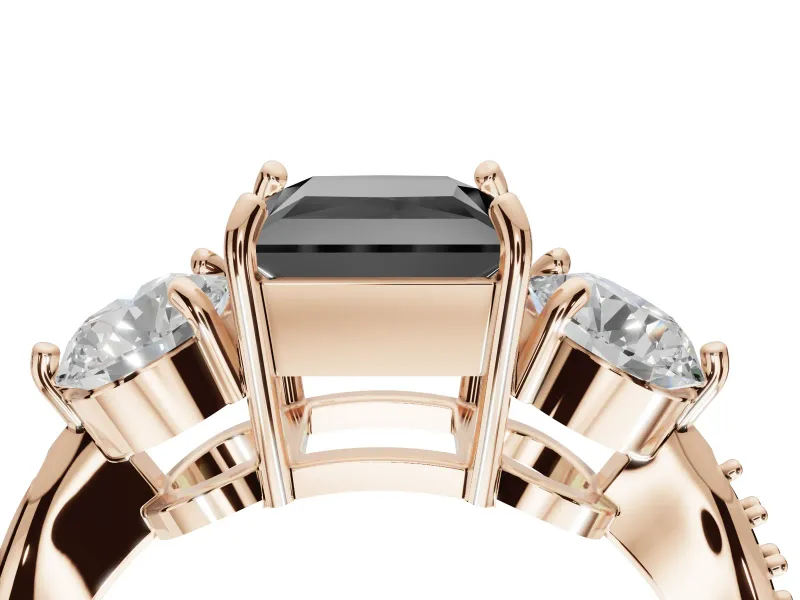 Fancy Black Princess Cut Lab-Grown Diamond Three-Stone Ring Set in Rose Gold with Channel-Set Band and Prong Setting