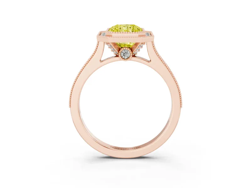 Radiant Cut Vintage Milgrain Halo Engagement Ring Setting for a Fancy Yellow Lab-Grown Diamond | Bezel Head | Rose Gold