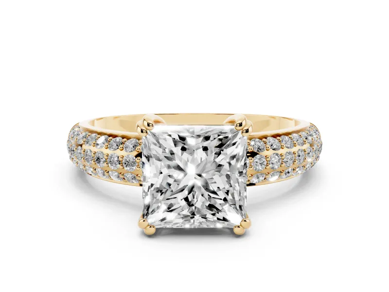 Princess Cut Diamond Solitaire Ring Set in Yellow gold with Multi-Row Round Pavé Band and Prong Setting