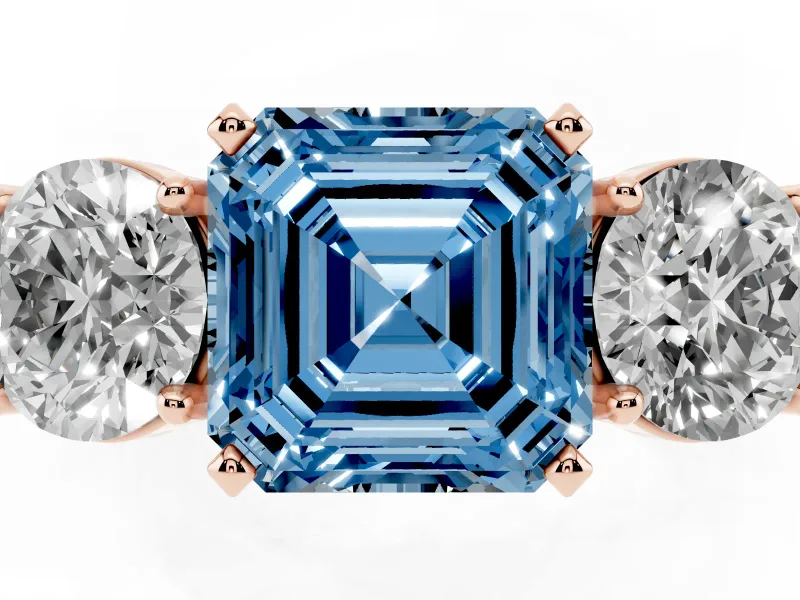 Asscher Cut Three Stone Engagement Ring Setting for a Fancy Blue Lab-Grown Diamond | Wide Plain Band | Rose Gold