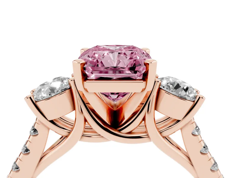 Fancy Pink Three-Stone Radiant Cut Diamond Pavé Band Ring Set in Rose gold with Prong-Set Trio