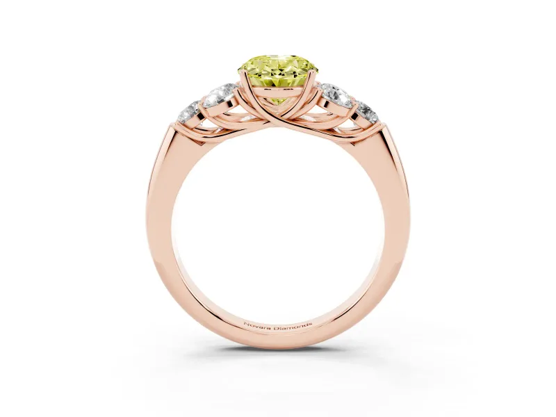 Fancy Yellow Oval Cut Diamond Cluster Ring Set in Rose gold with Round Accent Stones and Prong Setting on a Plain Band
