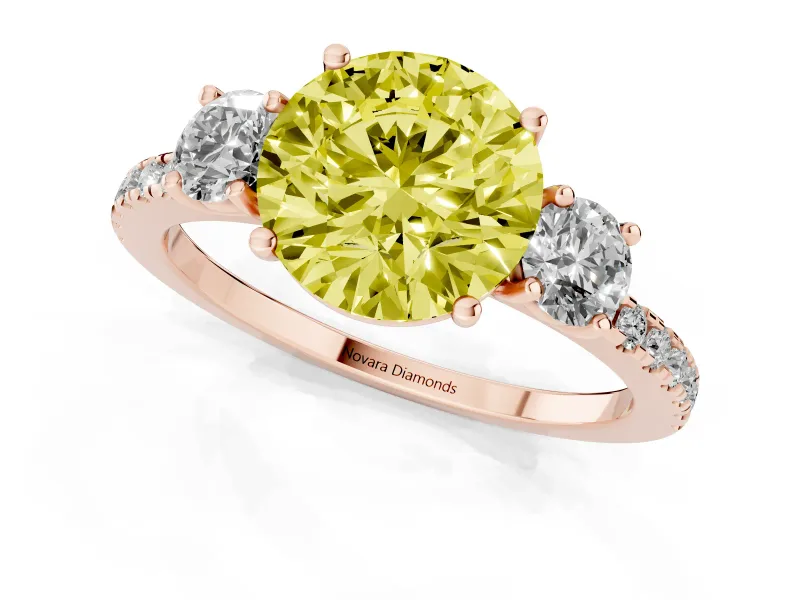 Round Three Stone Engagement Ring Setting for a Fancy Yellow Lab-Grown Diamond | Pave Shoulders | Rose Gold