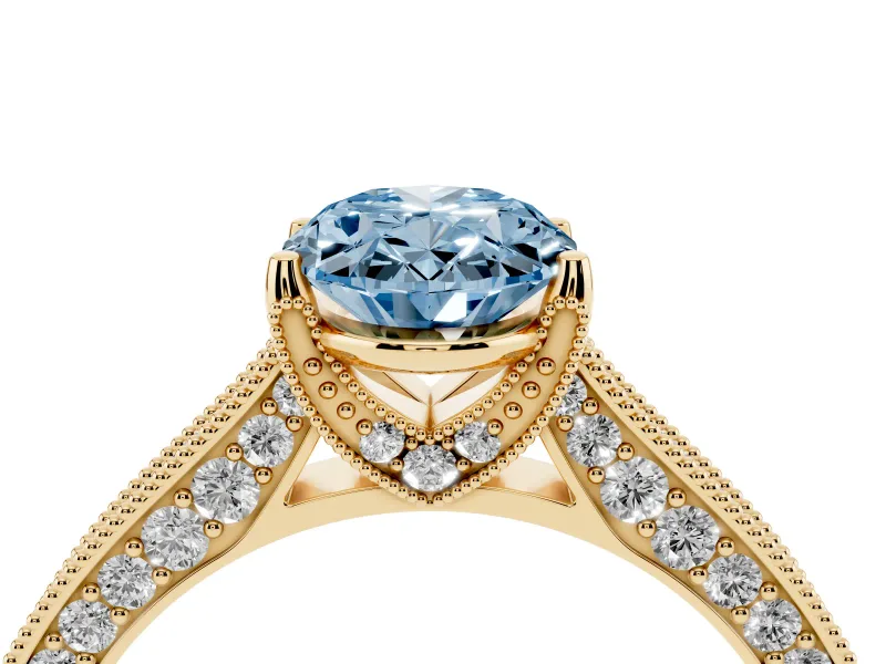 Oval Vintage Hidden Halo Engagement Ring Setting for a Fancy Blue Lab-Grown Diamond | Milgrain Pave Band | Yellow Gold