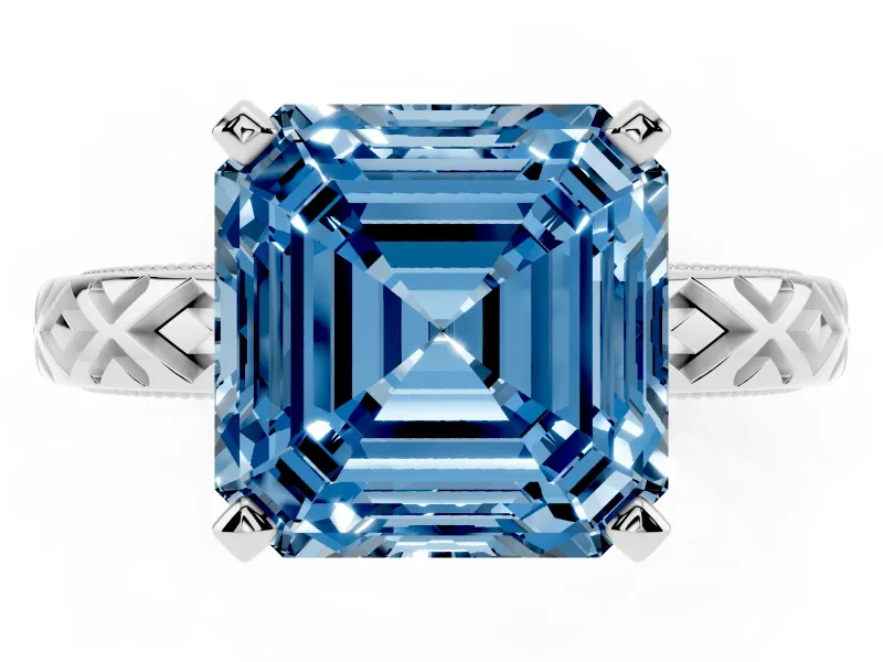 Fancy Blue Asscher Cut Diamond Solitaire Ring Set in Platinum with Milgrain and Black Enamel X Pattern Band