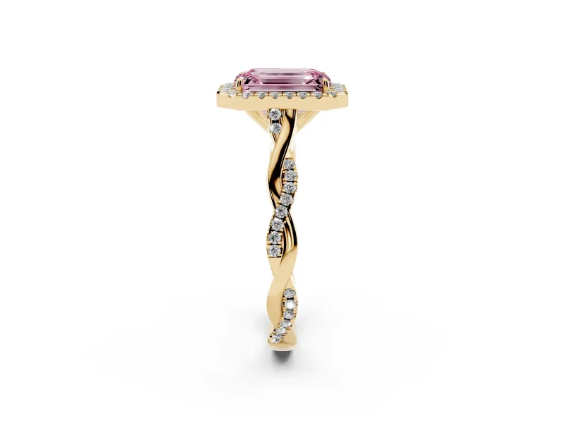 Emerald Cut Twist Halo Engagement Ring Setting for a Fancy Pink Lab-Grown Diamond | Yellow Gold