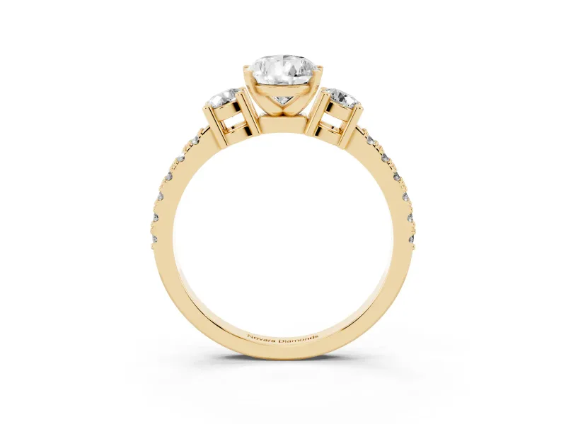 Three-Stone Pear Cut Diamond Pavé Band Ring Set in Yellow gold with Prong Setting