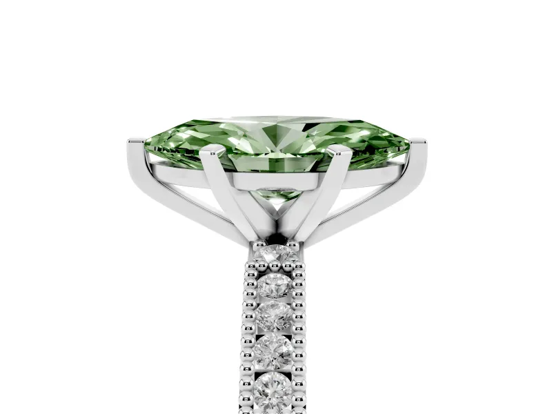 Fancy Green Marquise Cut Diamond Solitaire Ring Set in Silver with Slim Pavé Band and Prong Setting