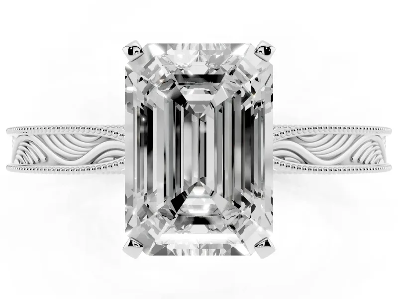 Emerald Cut Engraved Solitaire Engagement Ring Setting | Milgrain Edges | Platinum