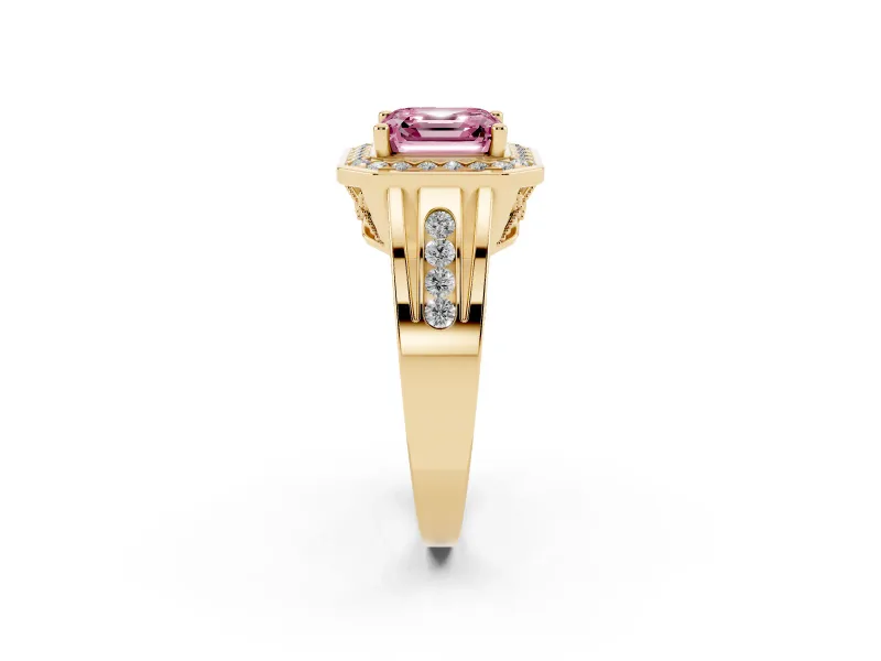Asscher Cut Halo Engagement Ring Setting for a Fancy Pink Lab-Grown Diamond | Channel-Set Split Shank | Yellow Gold