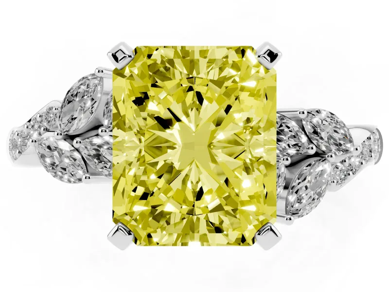 Fancy Yellow Radiant Cut Diamond Solitaire Ring Set in Platinum with Marquise Twist Band and Prong Setting