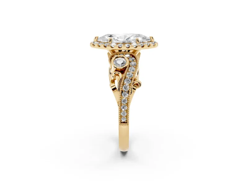 Marquise Cut Diamond Halo Ring Set in Yellow gold with Milgrain Pavé Band and Prong Setting