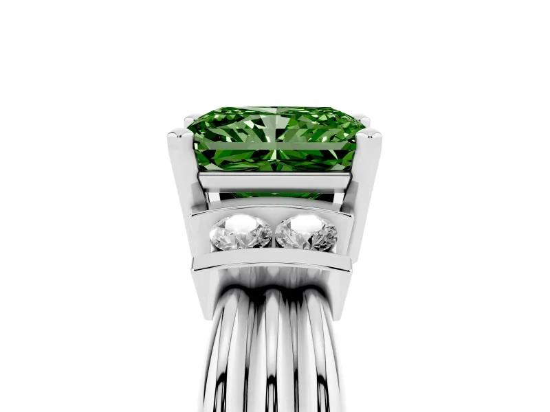 Fancy Green Three-Stone Radiant Cut Diamond Channel Set Ring Set in White gold with Bar Prongs