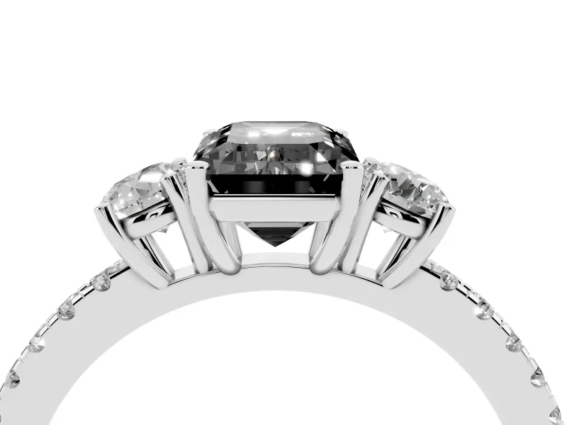 Emerald Cut Three Stone Engagement Ring Setting for a Black Center | Pavé Shoulders | Platinum