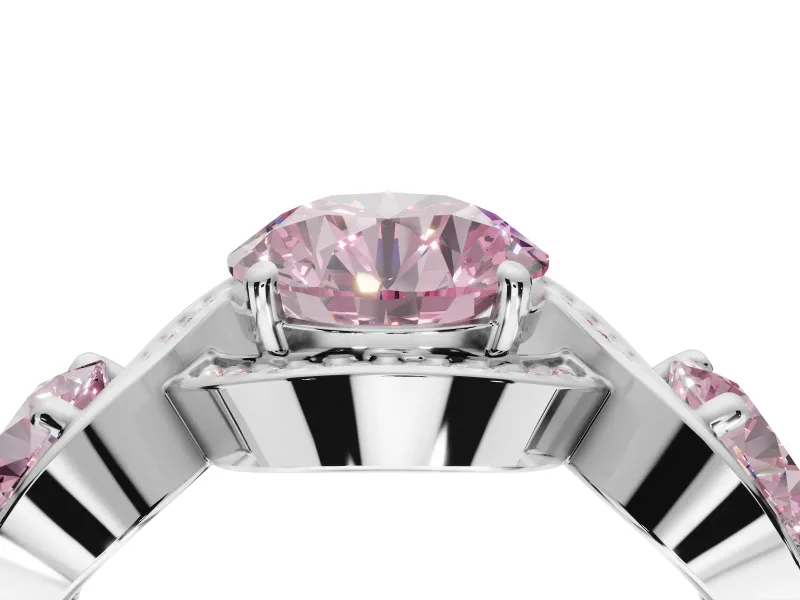 Round Three Stone Halo Engagement Ring Setting for a Fancy Pink Lab-Grown Diamond | Pavé Wave Band | Sterling Silver
