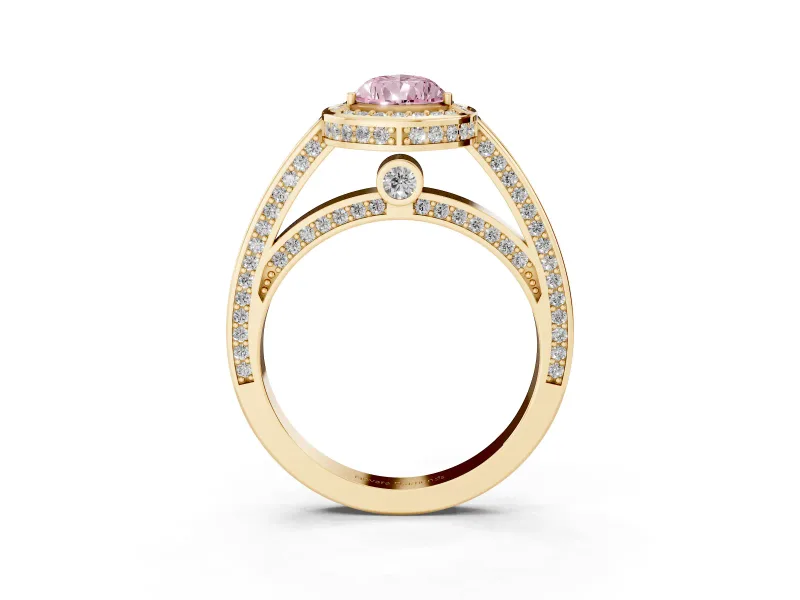 Fancy Pink Pear Cut Diamond Halo Pavé Split Shank Ring Set in Yellow gold with Prong Setting