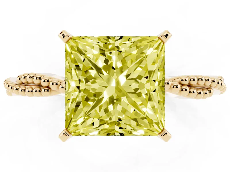 Fancy Yellow Princess Cut Diamond Solitaire Ring Set in Yellow gold with Twisted Band and Bead Prong Setting