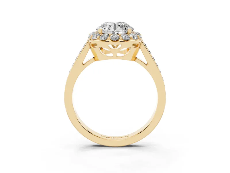 Round Cut Diamond Floral Halo Ring Set in Yellow gold with Pavé Band and Prong Setting