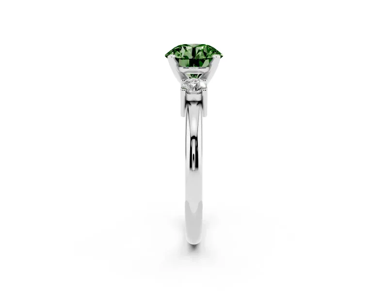 Fancy Green Three-Stone Round Cut Diamond Ring Set in Silver with Prong Setting and Plain Band