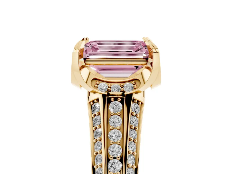 Emerald Cut Hidden Halo Engagement Ring Setting for a Fancy Pink Lab-Grown Diamond | Triple Row Pavé Band | Yellow Gold