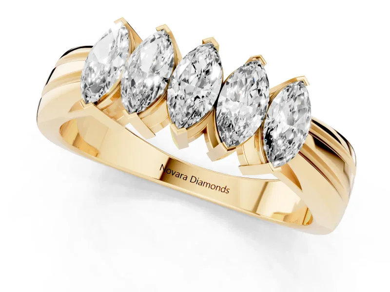 Five-Stone Marquise Diamond Split Shank Ring Set in Yellow gold with Shared Prong Setting