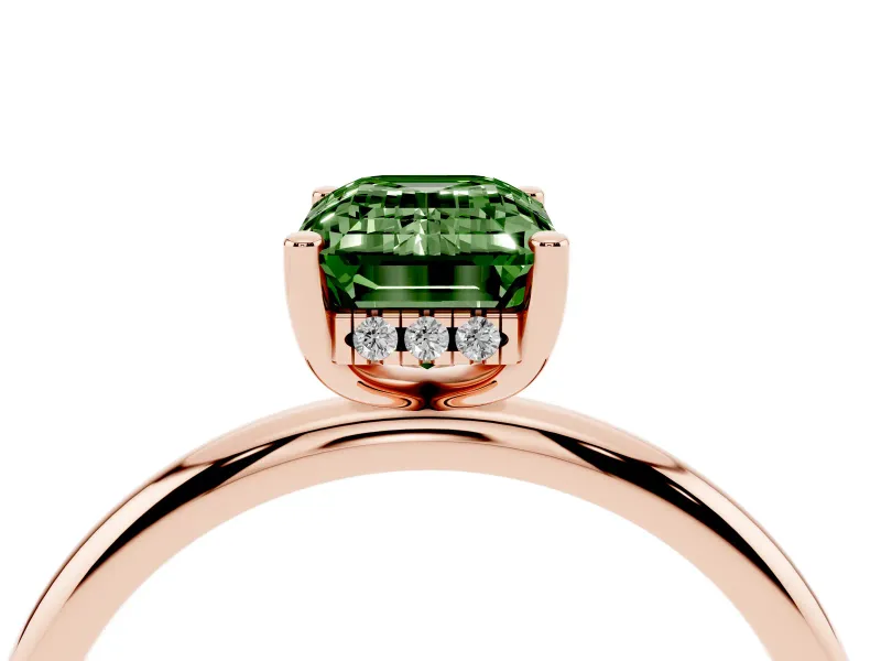 Fancy Green Emerald Cut Diamond Solitaire Engagement Ring Set in Rose gold with Prong Setting and Polished Band
