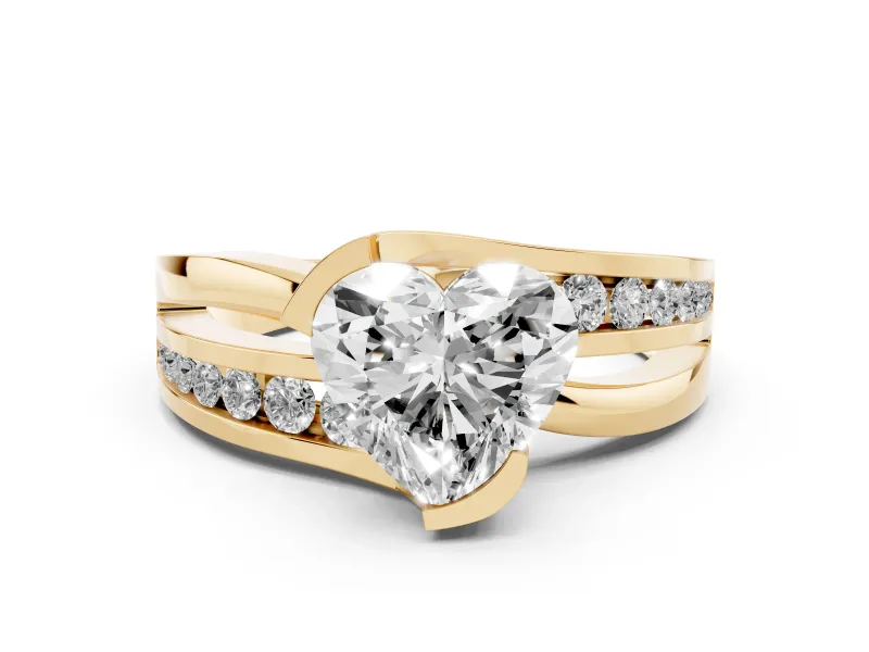 Heart Cut Diamond Solitaire Ring Set in Yellow gold with Channel Set Split Shank and Tension Prongs