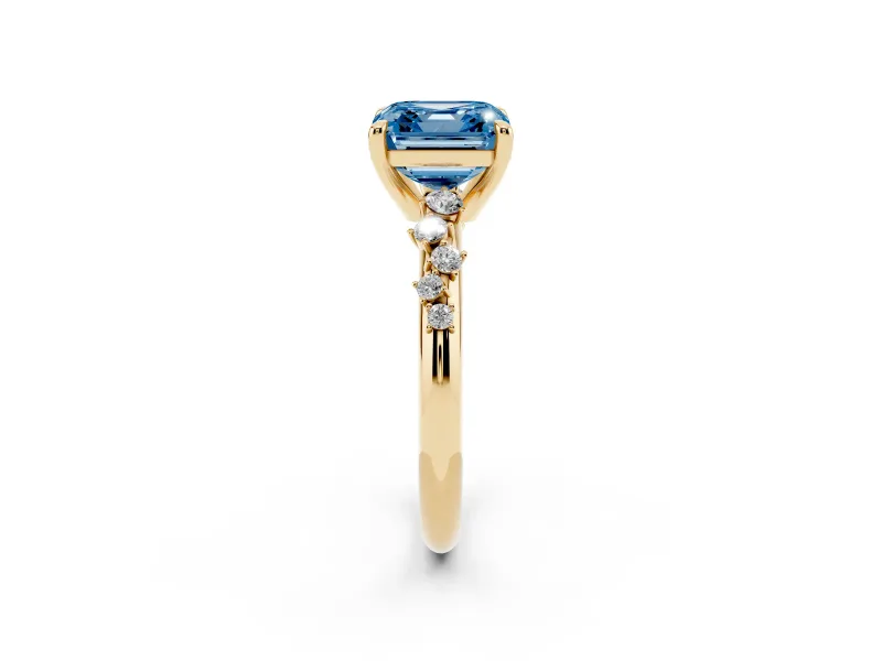 Fancy Blue Asscher Cut Diamond Solitaire Vine Band Ring Set in Yellow gold with Round Accents and Prong Setting