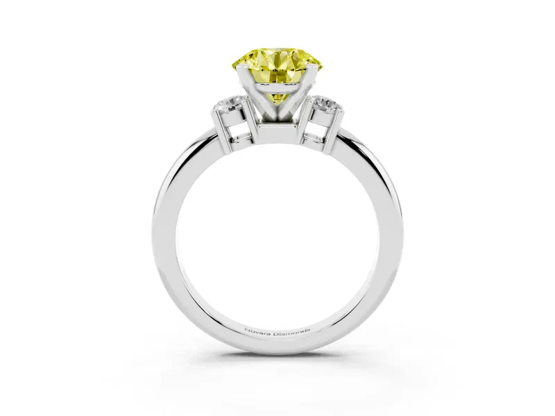 Fancy Yellow Three-Stone Round Cut Diamond Ring Set in Platinum with Prong Setting and Plain Band