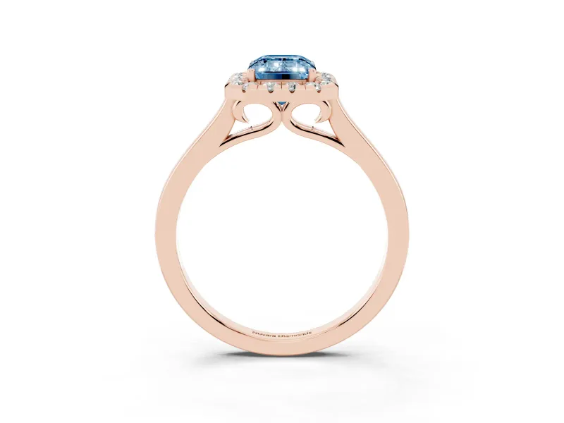 Fancy Blue Emerald Cut Halo Round Diamond Solitaire Ring Set in Rose gold with Pavé Band and Prong Setting