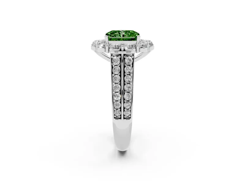 Fancy Green Radiant Cut Diamond Halo Engagement Ring Set in White gold with Split Shank and Prong Setting