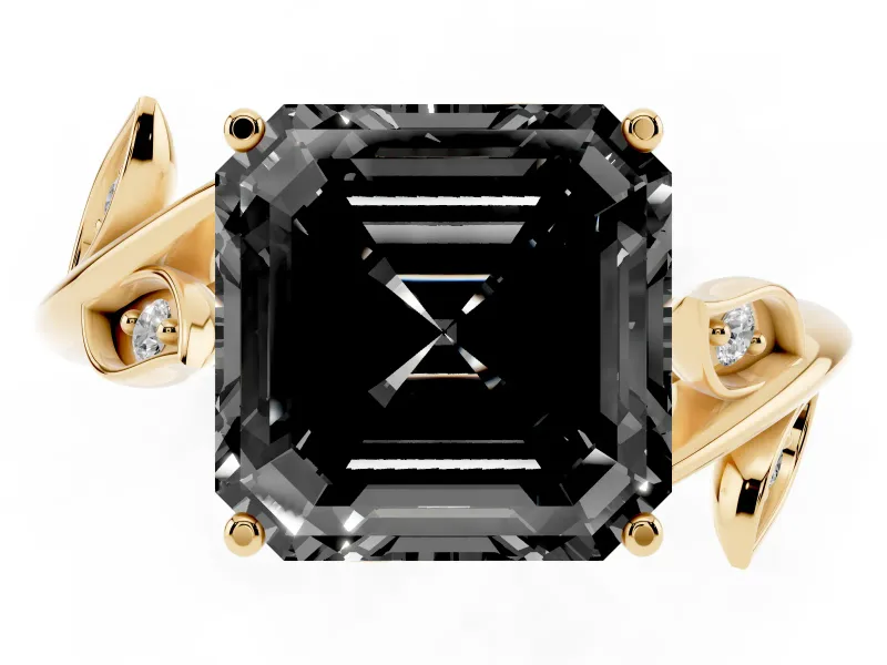 Asscher Cut Twisted Bypass Engagement Ring Setting for a Black Center | Leaf Vine | Yellow Gold