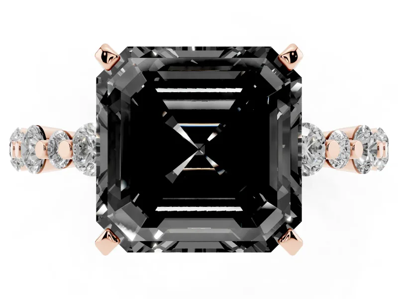 Fancy Black Asscher Cut Diamond Prong Set Engagement Ring Set in Rose gold with Round Accent Pavé Band