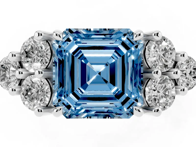Asscher Cut Cluster Side Stone Engagement Ring Setting for a Fancy Blue Lab-Grown Diamond | Plain Band | White Gold