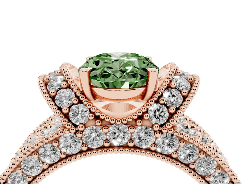 Oval Vintage Milgrain Pave Engagement Ring Setting for a Fancy Green Lab-Grown Diamond | Crescent Side Rows | Rose Gold