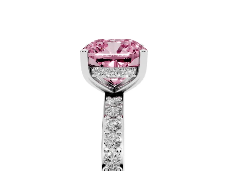 Fancy Pink Cushion Cut Diamond Pavé Band Ring Set in Platinum with Prong-Set Center Stone
