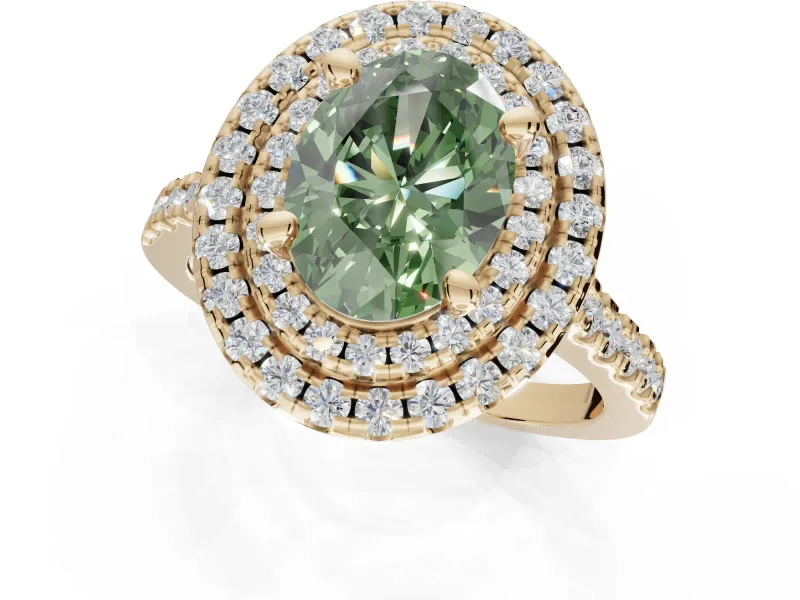 Fancy Green Oval Lab-Grown Diamond Double Halo Statement Ring Set in Yellow Gold with Pavé Band