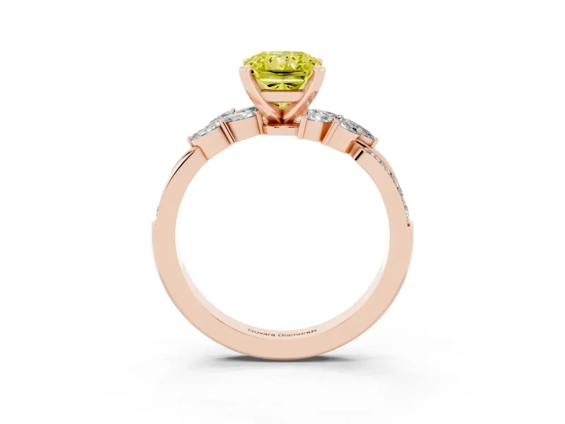 Fancy Yellow Radiant Cut Diamond Solitaire Ring Set in Rose gold with Marquise Twist Band and Prong Setting