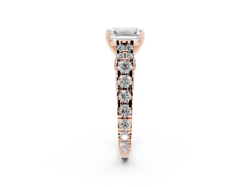 Emerald Cut Diamond Classic Solitaire Ring Set in Rose gold with Pavé Band and Prong Setting