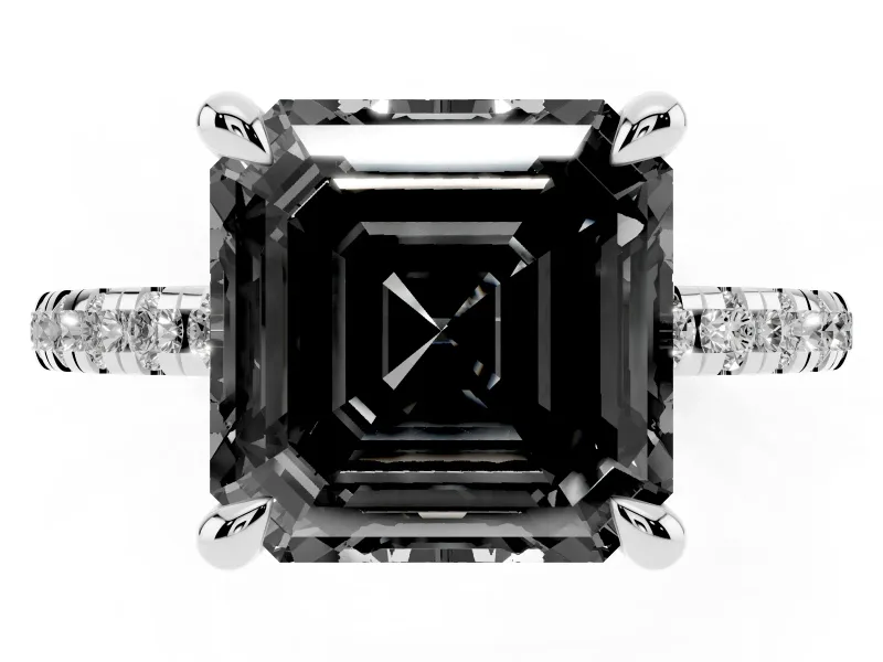 Fancy Black Asscher Cut Diamond Brilliant Solitaire Ring Set in Silver with Pavé Band and Prong Setting