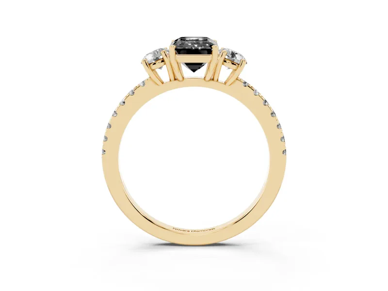 Emerald Cut Three Stone Engagement Ring Setting for a Black Center | Pavé Shoulders | Yellow Gold