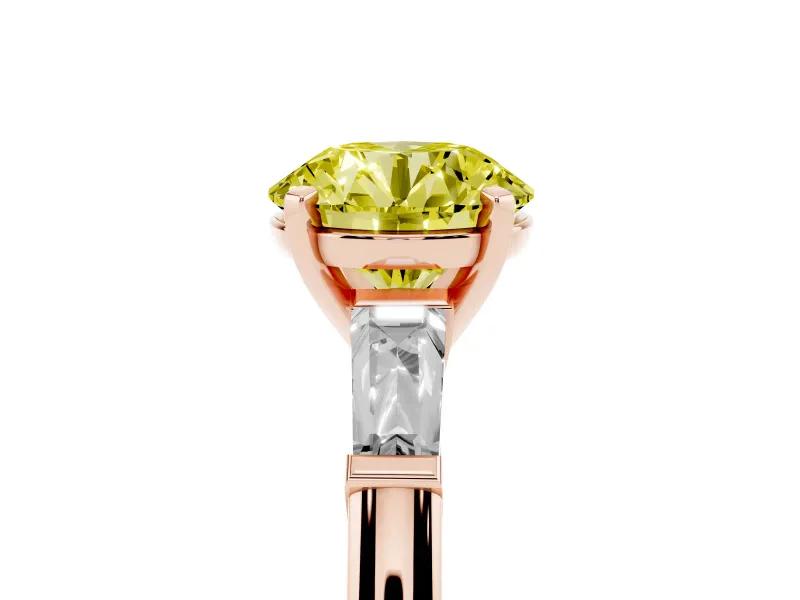 Round Three Stone Engagement Ring Setting for a Fancy Yellow Lab-Grown Diamond | Tapered Baguettes | Rose Gold