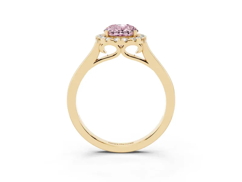 Fancy Pink Oval Cut Halo Round Diamond Solitaire Ring Set in Yellow gold with Pavé Band and Prong Setting