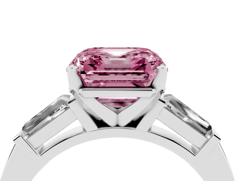 Fancy Pink Asscher Cut Diamond Solitaire Ring Set in Platinum with Tapered Baguette Side Stones and Prong Setting