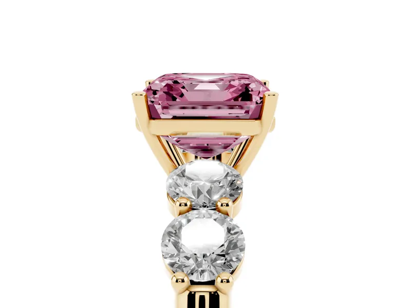 Asscher Cut Five Stone Engagement Ring Setting for a Fancy Pink Lab-Grown Diamond | Prong Set Side Stones | Yellow Gold