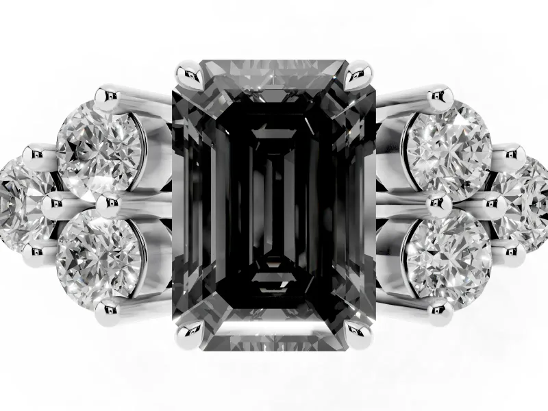 Fancy Black Emerald Cut Diamond Solitaire Ring Set in Platinum with Cluster Accents on Each Side